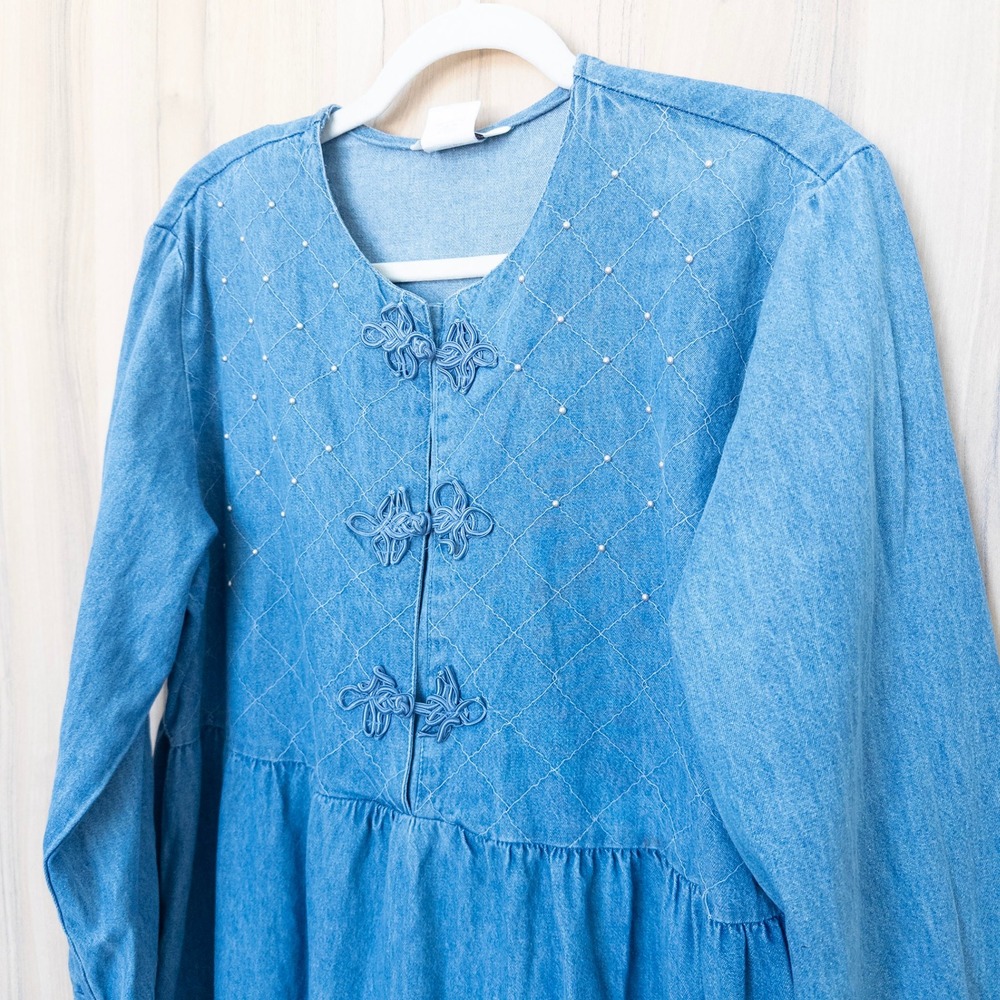 Vintage Denim Maxi Dress XL Blue Frog Closure Long Sleeve Prairie Cottage Boho - Picture 4 of 7